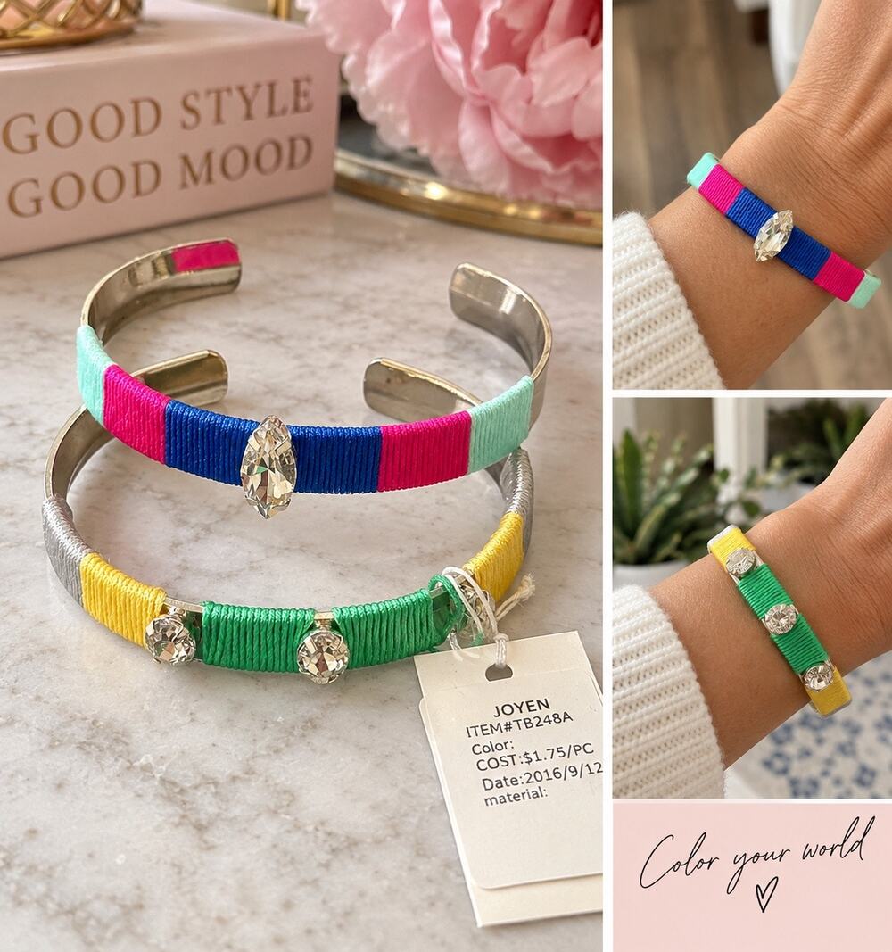 Set of 2 Colorful Thread Wrapped Cuff Bracelet statement Rhinestone bundle gift
